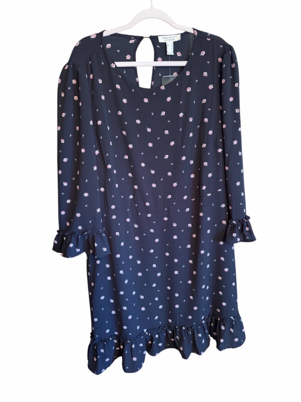 Forever 21 Navy Dress with Pink Rose Print long-sleeve mini dress-Size 3X-NWT